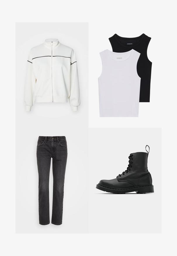 ONLY ONLLETT ZIP - Sweat zippé - birch; Deux hauts sans manches en noir et blanc, en coton côtelé, avec des encolures rondes et une coupe ajustée. Étiquettes visibles sur les deux.; Jeans en denim noir avec une coupe droite, présentant un design classique à cinq poches, une fermeture éclair et des coutures contrastées le long des coutures.; Botte de combat en cuir noir avec un bout rond, un laçage à l'avant et une sangle au niveau de la cheville. Dispose d'une semelle en caoutchouc épaisse pour une durabilité optimale.