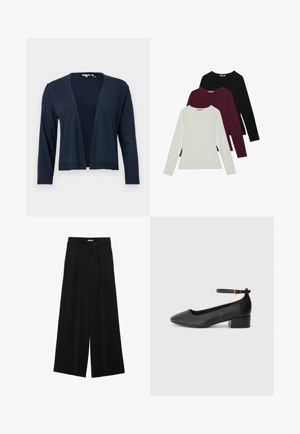 Námornícky modrý sveter, ľahký pletený materiál, otvorený predný dizajn, dlhé rukávy, rebrované manžety a lem, hladká textúra, bez zapínania a vzorov.; Dlhé rukávy tričká v bielej, burgundskej a čiernej farbe. Vyrobené z jemného materiálu s okrúhlym výstrihom a priliehavým strihom. Vhodné na vrstvenie.; Čierne široké nohavice s textúrovanou tkaninou, elastickým pásom a odnímateľným viazaním na páse pre nastaviteľné priliehanie.; Čierne kožené lodičky s špicatou špičkou a nízkym blokovým podpätkom. Obsahuje remienok okolo členka so zlatým prackou. Hladký povrch.