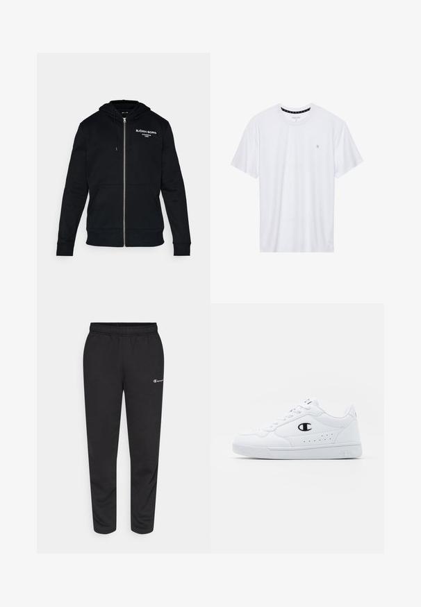 Black zip-up hoodie made of cotton blend, featuring a drawstring hood, kangaroo pockets, and white logo text on the chest.; White crewneck t-shirt made of cotton, featuring short sleeves and a small logo embroidered on the left chest area. Soft texture.; Black sweatpants made of cotton blend, featuring an elastic waistband and a small white logo on the left side. Tapered leg design.; White athletic sneakers with a smooth synthetic upper, black logo accent, and perforated detailing on the side. Rubber sole.