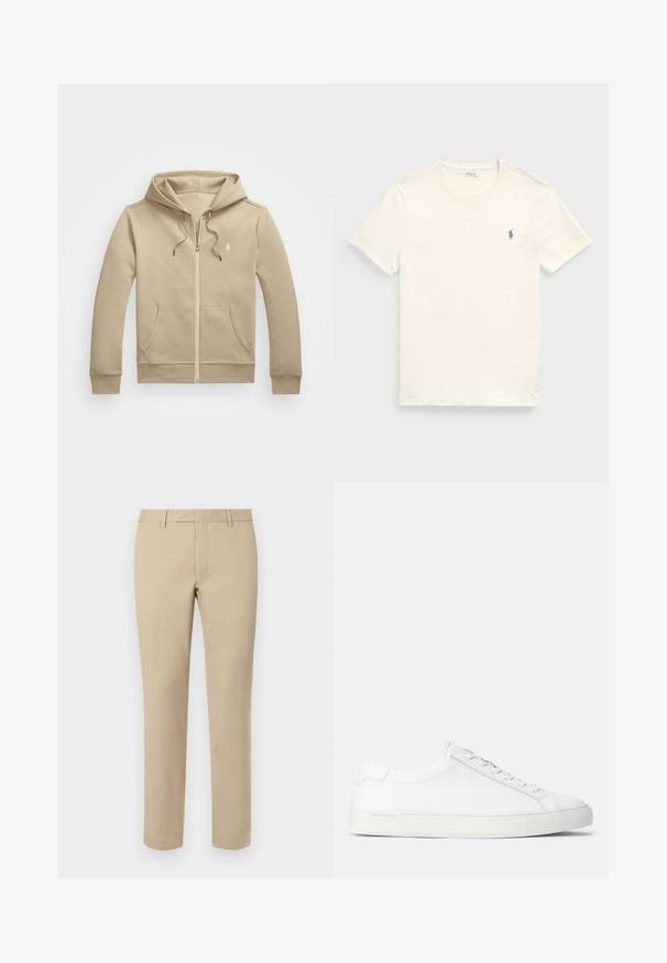 Polo Ralph Lauren DOUBLE-KNIT FULL-ZIP HOODIE - Camisola com fecho - classic khaki; T-shirt de algodão creme com decote redondo e mangas curtas. Apresenta um pequeno logótipo azul bordado no lado esquerdo do peito.; Calças de algodão bege com corte reto, apresentando passantes para cinto, frente lisa e bainhas ajustadas. Textura suave e detalhes mínimos.; Sneakers brancos em couro com textura suave, forma arredondada, sola de borracha plana e atacadores brancos. Apresenta um design minimalista e uma marca discreta.