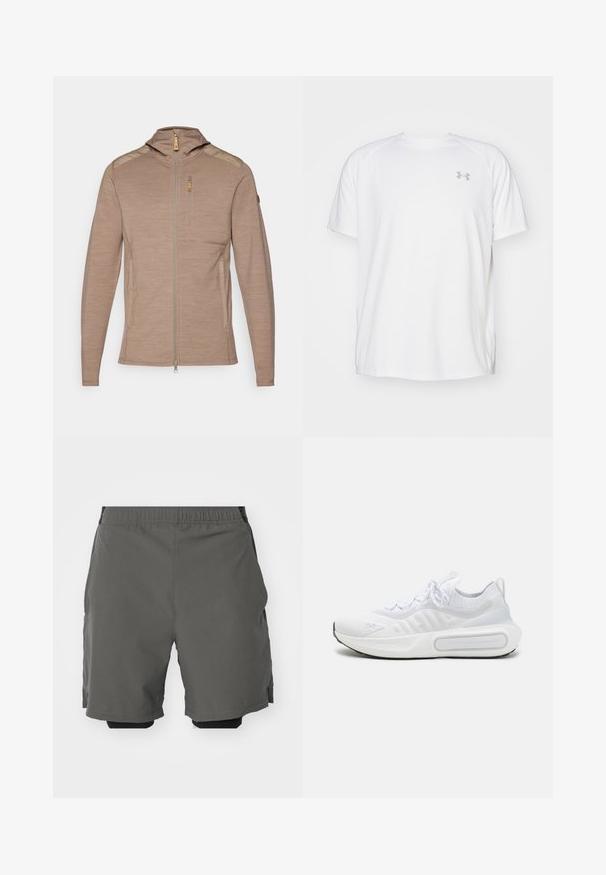 Hellbraune Zip-Jacke mit Kapuze, ausgestattet mit strukturiertem Material, Schultereinsätzen und einer Brusttasche mit Reißverschluss.; Weißes kurzärmeliges Sportshirt aus glattem Material. Mit Rundhalsausschnitt und grauem Logo auf der linken Brust, sowie seitlichen Schlitzen am Saum.; Graue Sportshorts aus glattem, leichtem Stoff mit einem elastischen Bund, ausgestattet mit inneren Kompressionsshorts und Seitentaschen.; Weißer Sportschuh mit einem strukturierten Strick-Obermaterial, Schnürverschluss, gepolsterter Sohle und einem markanten Branding-Detail an der Seite.