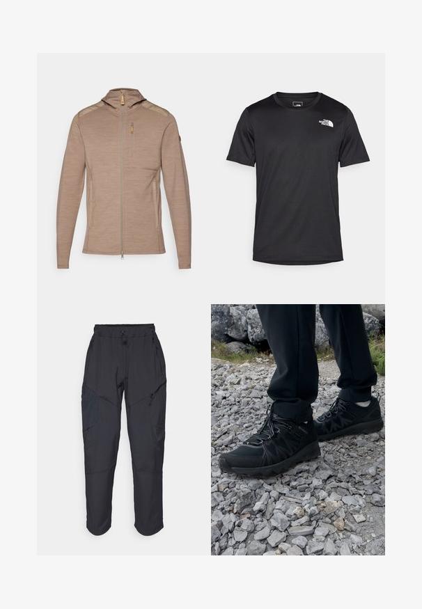 Giacca a zip marrone chiaro con cappuccio, realizzata in tessuto testurizzato, con accentuazioni sulle spalle e una tasca sul petto con cerniera.; T-shirt nera a maniche corte realizzata in tessuto testurizzato, con un piccolo logo bianco nella parte superiore sinistra del petto, colletto rotondo.; Pantaloni cargo neri realizzati in un materiale leggero e resistente all'acqua; presentano una vita elastica, diverse tasche con zip e gambe affusolate.; Scarpe da esterni nere realizzate in mesh e materiale sintetico, con una parte superiore testurizzata, un sistema di allacciatura sicuro e una suola robusta, su terreno roccioso.