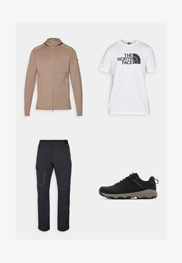 Svijetlosmeđi zip-up jakna s kapuljačom, koja ima teksturiranu tkaninu, naglaske na ramenima i džep za grudi s patentnim zatvaračem.; Bela bombažna majica s črnim grafičnim tiskom, ki vključuje besedilo in obliko ukrivljenega logotipa. Okrugel izrez in kratki rokavi. Enostavna tekstura.; Črne zunanje hlače z žepom na stegnu z zadrgo, elastičnim pasom in gladkim, vodoodpornim materialom. Čist dizajn brez vidnih logotipov.; Črne pohodniške čevlje z gladkim zgornjim delom, perforiranim dizajnom, sivo podplatom in ojačanim petnim delom. Imajo vezalke in zanko za enostavno obuvanje.