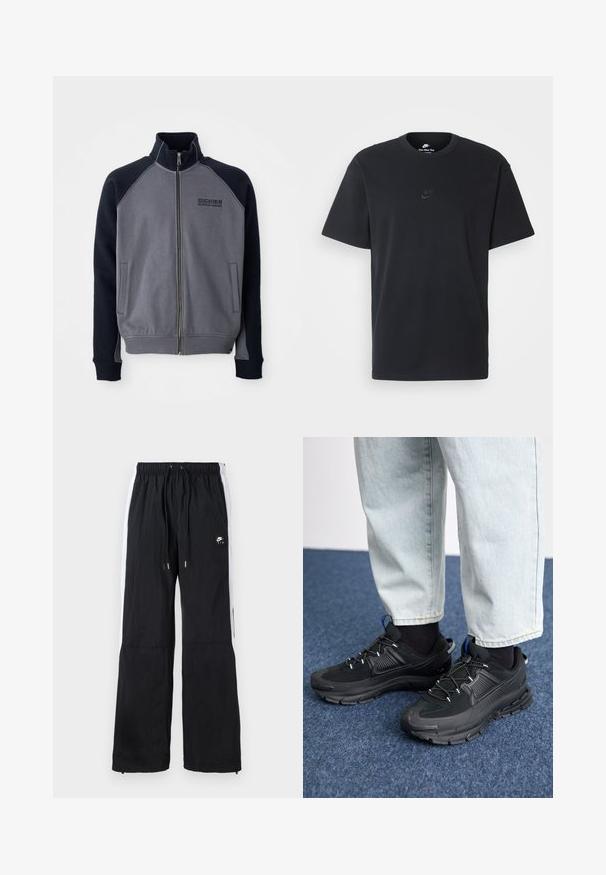 Hallideheline ja must tõmblukkidega jope kõrge kraega, kaks eesmist taskut ja "Dickies Workwear Company" logo rinnal.; Nike musta mustast puuvillast T-särk klassikalise ümmarguse kaelusega, lühikeste varrukatega ja õrna, reljeefse logoga rinnal. Sile tekstuur.; Mustad mustospüksid elastse vöökohaga, valgete külgtriipudega, lukuga sääreotsadega ja kummist logo detailiga ees.; Mustad mustad jooksukingad, millel on tekstureeritud kangas ja kummist tallad, elastsed nöörid ning sinine aksent kandadel. Kandmine heledate teksadega.
