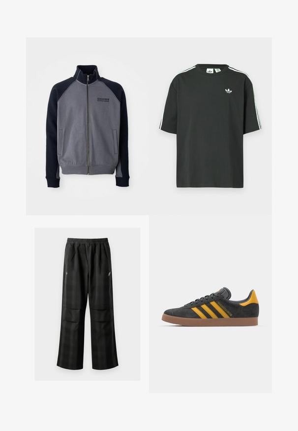 Siva i crna jakna na zip s visokim ovratnikom, dva prednja džepa i logotipom "Dickies Workwear Company" na prsima.; Crna pamučna majica kratkih rukava, s okruglim izrezom i bijelim detaljima u obliku triju pruga na ramenima. Na prsima se nalazi mali bijeli logotip.; Crne karirane hlače s elastičnom urezom, dva prednja džepa i ležernim krojem s ravnim nogavicama. Izrađene su od laganog materijala.; Crne nubuk tenisice s žutim detaljima, sa tri pruge i smešnim gumenim potplatom. Imaju jastučić na jeziku za udobnost.