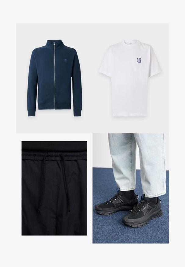 Marineblå zip-up hettegenser med høy krage, ribbestrikkede mansjetter og kant; har et lite broderi av logoen på brystet. Glatt stoffstruktur.; Hvit bomulls-T-skjorte med korte ermer, rund hals og en liten, brodert blå "C"-logo på venstre brystområde.; Sorte shorts med snor i livet, lett stoff med en jevn tekstur, og et enkelt design uten synlige logoer eller mønstre.; Svarte sportssko med teksturert stoff og gummisåler, med elastiske lisser og en blå detalj på hælen. Brukt med lyse denimbukser.