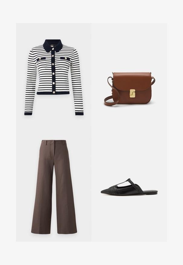 Gestreifter Strickcardigan in Marineblau und Weiß, mit Kragen, goldenen Knöpfen und zwei vorderen Taschen. Lange Ärmel mit gerippten Bündchen.; Kurzarm-Polohemd in Creme mit schwarzen Streifen. Verfügt über eine Knopfleiste, gestrickte Textur und ein Luftdesign für Belüftung.; Braune weite Hosen aus einem glatten Stoff; sie haben eine flache Vorderseite, Gürtelschlaufen und vertikale Nähte entlang der Beine.; Schwarzer Leder-Slingback-Schuh mit spitzem Zehenbereich, ausgestattet mit einem geflochtenen Akzent und einem gefalteten Oberdesign. Flache Sohle mit minimalem Zubehör.; Braune Ledertasche mit Klappenverschluss, Beschlägen in Goldfarbe, einem Schultergurt und einer glatten Oberfläche. Kompakte rechteckige Form.