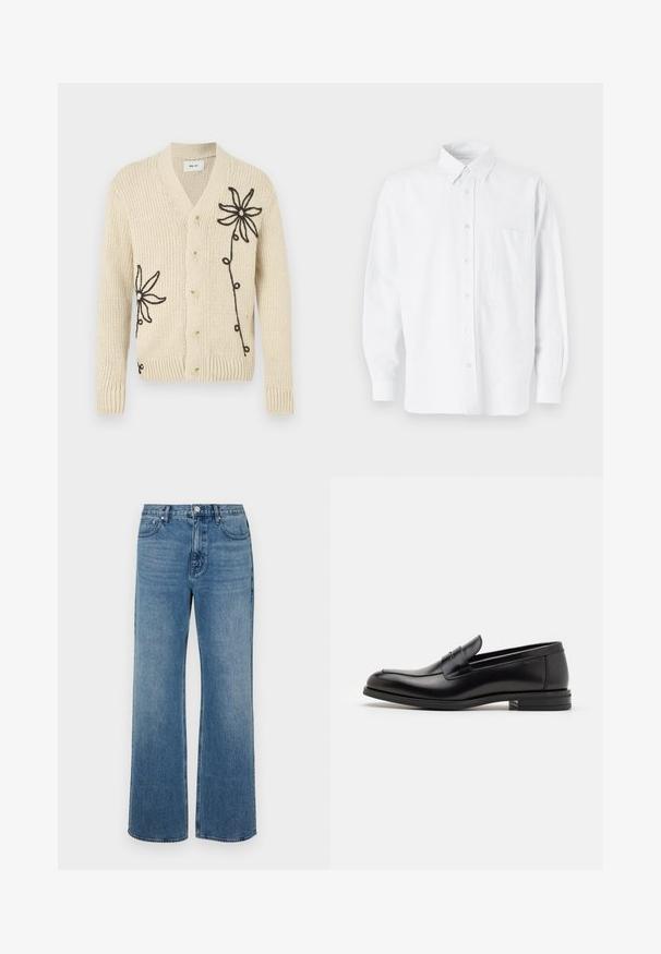 Beige strikket cardigan med V-udskæring, prydet med sort blomsterbroderi og fem knapper på forsiden. Ribstrikkede ærmekanter og kant forneden.; Hvid skjorte med knapper og krave, prydet med diskrete lodrette striber, lange ærmer, en brystlomme og klassisk rundet kant.; Bredde ben blå jeans lavet af denim med en falmet finish. Har fem lommer, en frontknaplukning og en lige pasform.; Sorte læderloafers med en glat overflade, rund tå og en dekorativ strop over vampen. Lav hæl med stabeldesign, minimalistisk stil.