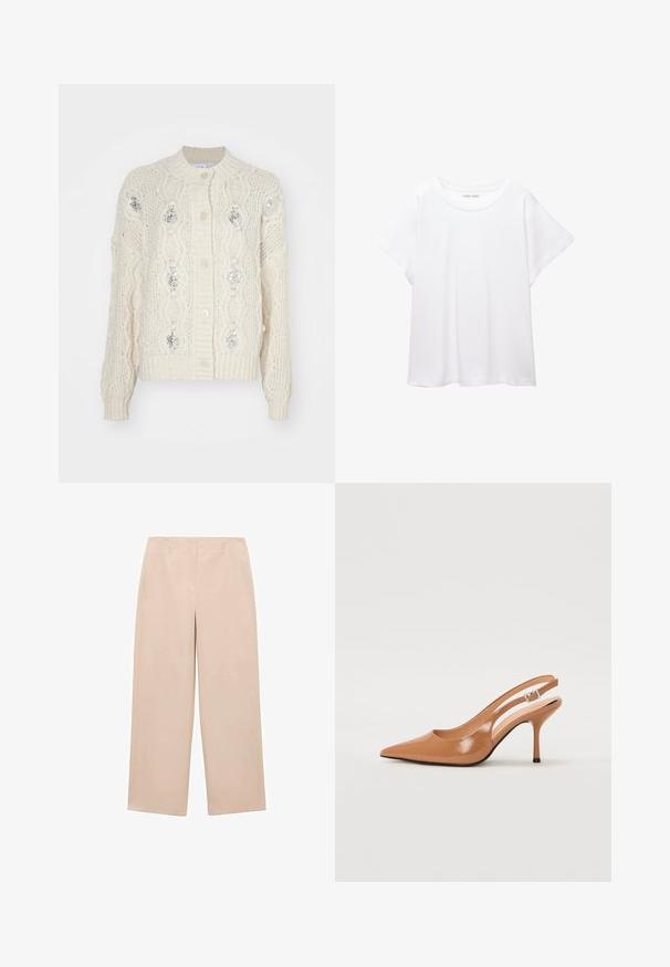 Krémový pletený sveter s kabelovým vzorom, zdobený striebornými flitrami a rebrovanými manžetami a spodným lemom. Predné zapínanie na päť gombíkov.; Biele tričko vyrobené z mäkkého, ľahkého materiálu. Má okrúhly výstrih a krátke, široké rukávy s uvoľneným strihom. Bez viditeľných vzorov.; Béžové široké nohavice vyrobené z hladkej tkaniny, s plochým predným dielom a pútkami na opasok, bez viditeľných vzorov alebo zdobení.; Sandal s úzkym podpätkom a špicatou špičkou v hladkej lesklej hnedej materiáli. Obsahuje zakrivený výrez a štíhly ihlový podpätok. Strieborný prackový detail.