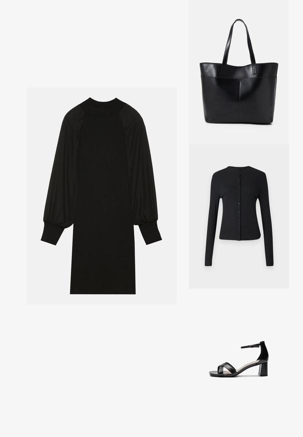 Black long-sleeve cardigan made of ribbed fabric featuring a round neckline and a row of buttons down the front. Smooth texture and fitted design.; Black dress featuring a ribbed fabric with puffed sleeves and a high neckline. The silhouette is straight and falls to the knee.; Black open-toe heeled sandal with crossed straps, adjustable ankle strap, and a chunky heel, featuring a smooth leather texture.; Black leather tote bag with two long handles, a smooth texture, and a structured shape. Features a front pocket for additional storage.