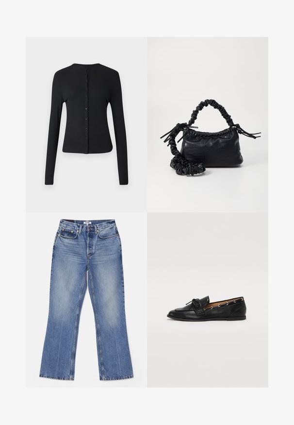 Juodas ilgomis rankovėmis kardiganas, pagamintas iš įgležto audinio, su apvaliu iškirpimu ir mygtukų eile priekyje. Lygi tekstūra ir prigludusi dizainas.; Alyvuogių žalios, ilgomis rankovėmis, su mygtukais užsegama bluzonė su smailiu apykakle ir šiek tiek blizgančiu, tekstūruotu audiniu ant vientiso fono.; RE/DONE LOOSE - Šiek tiek platėjantys apačioje džinsai - hacienda; Juodi odiniai loafai su surišta mazgeliu, su auksinėmis akytėmis šoninėse dalyse ir plokščiu guminiu padu. Lygus paviršius, klasikinis dizainas.; Juodas dirbtinės odos rankinė su krokodilo tekstūra, sušnibždinta viršuje ir susikraipytu dirželiu. Atrodo minkšta ir kompaktiška.