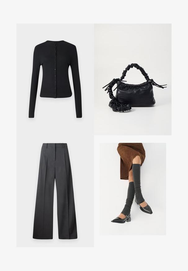 Cardigan noir à manches longues en tissu côte à côte, avec un col rond et une rangée de boutons sur le devant. Texture lisse et design ajusté.; Chemise blanche à manches longues en coton lisse, dotée d'un col classique et d'un ourlet arrondi. Les boutons sont petits et blancs.; Pantalons à jambes larges en tissu gris foncé, avec une taille haute, des plis simples et une texture lisse avec une finition soignée aux ourlets.; Chaussures à bout pointu en cuir verni noir avec un talon bloc et une bride à la cheville, accompagnées de jambières en maille grise et d'une jupe en daim marron.; Sac à main en simili cuir noir avec une texture crocodile, un dessus resserré et une sangle froncée. A l'apparence douce et compacte.