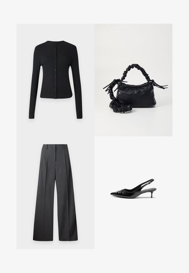 Melna garo piedurkņu cardigan, izgatavots no ribota auduma, ar apaļu kakla izgriezumu un pogu rindu priekšpusē. Gluda tekstūra un piegulošs dizains.; Balta pogājamā krekla augšdaļa, izgatavota no gluda kokvilnas, ar klasisku apkakli, garām piedurknēm un izliekto apakšmalu. Pogas ir mazas un baltas.; Platās kājas bikses tumši pelēkā audumā, ar augstu jostasvietu, ar vienu uzpūstu vīli un gludu tekstūru ar tīru apdari ap malām.; Melni ādas sandales ar norādītu pirkstu, mazu kaķa papēdi un dekoratīvu mezglu detaļu priekšā. Gluda tekstūra visā virsmā.; Melnā mākslīgās ādas rokassoma ar krokodila rakstu, savilkta augšdaļa un saburzīta siksna. Izskatās mīksta un kompakta pēc dizaina.