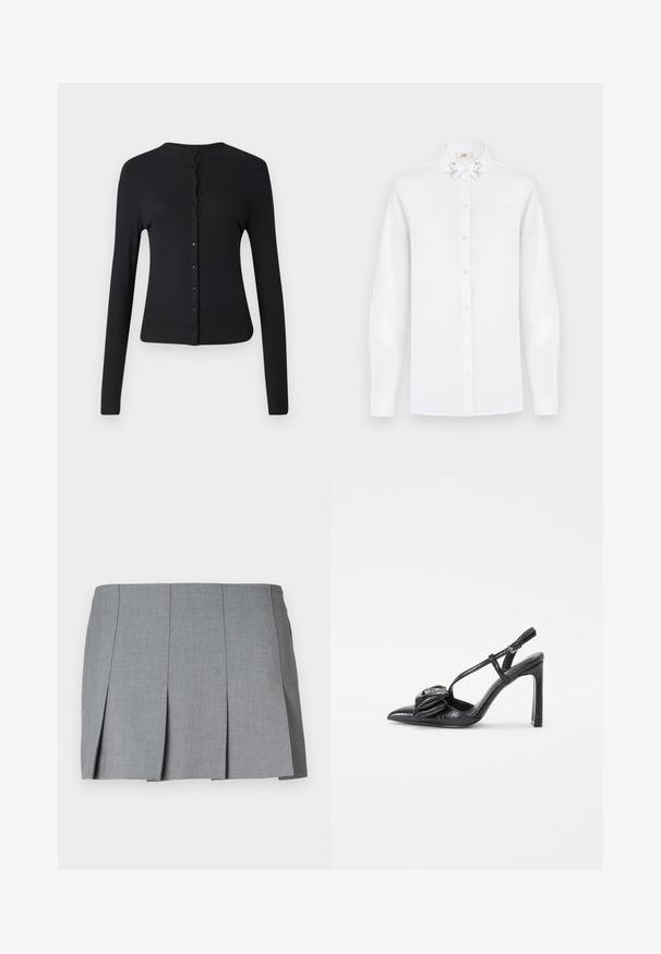 Fekete, hosszú ujjú kardigán bordázott anyagból, kerek nyakkivágással és gombsorral az elején. Simaszerkezet és testhez simuló fazon.; Fehér, hosszú ujjú gombos ing, hegyes gallérral, ezüstszínű flitterekkel díszítve mindkét oldalon.; Szürke redős szoknya sima textúrával, strukturált dizájnnal és testhezálló derékkal. Könnyű anyagból készült, diszkrét mintázattal.; Fekete, magassarkú cipő, hegyes orral, fényes felülettel, vékony pántokkal és díszes redőzött részlettel az elején.
