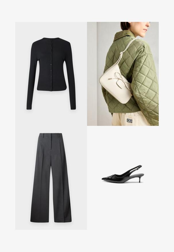 Cardigan lung cu mâneci lungi, de culoare neagră, realizat dintr-un material ribbed, cu un guler rotund și o serie de nasturi pe partea din față. Textură netedă și design ajustat.; Bluză cu maneci lungi, în carouri de culoare bleumarin, cu bust elastic și manșete plisate, având un mic închizător cu buton, sub formă de gaică, la gâtul din spate.; Pantaloni culți din țesătură gri închis, cu talie înaltă, pliuri simple și o textură netedă, cu o finisare curată la tivuri.; Cizme slingback din piele neagră, cu vârf ascuțit, toc mic de tip kitten heel și un detaliu decorativ sub formă de nod în față. Textură netedă pe întreaga suprafață.; Geantă de umăr din piele bej, cu detaliu în formă de fundiță, accesorii aurii și o curea ajustabilă, purtată peste o jachetă verde matlasată.