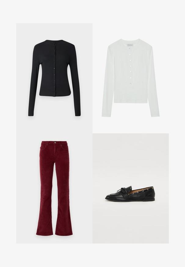 Juodas ilgomis rankovėmis kardiganas, pagamintas iš įgležto audinio, su apvaliu iškirpimu ir mygtukų eile priekyje. Lygi tekstūra ir prigludusi dizainas.; Balta ilga rankovė viršutinė dalis, pagaminta iš glotnaus audinio, su apvaliu iškirpimu ir mygtukais priekyje, turinčiais šešis permatomus mygtukus.; Burgundi spalvos švelnus aksominis flared kelnes su priekinėmis kišenėmis, dirželių kilputėmis ir mygtuko uždarymu ant pilko balto fondo.; Juodi odiniai loafai su surišta mazgeliu, su auksinėmis akytėmis šoninėse dalyse ir plokščiu guminiu padu. Lygus paviršius, klasikinis dizainas.