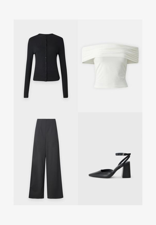 Crna kardigan s dugim rukavima od rebraste tkanine, s okruglim izrezom i redom dugmadi sprijeda. Glatka tekstura i prilagođeni kroj.; Bijela majica s nedovoljno ramena s nabranim, strukturiranim izrezom i uskim tijelom. Izrađena od mekanog materijala s glatkom teksturom.; Hlače visoke pete širokih nogavica u tamnosivom materijalu s glatkom teksturom. Nemaju vidljive džepove niti ukrase.; Crne kožne cipele s špicastim vrhom, remenom oko gležnja i debelim potplatom. Ravna tekstura, elegantan dizajn i minimalistička estetika.