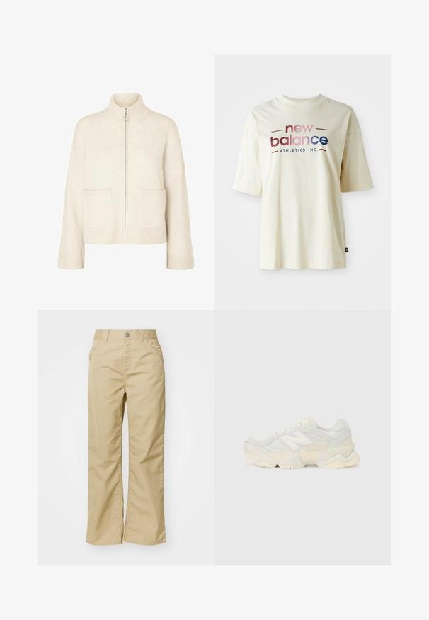 Iškirpta grietinėlės spalvos megztinis su aukštu apykakle, priekiniais užtrauktukais ir dviem priekinėmis kišenėmis. Pagamintas iš minkštos, megztos medžiagos su raunytomis detalėmis.; Kreminės spalvos medvilninė marškinė su trumpomis rankovėmis, su spalvingu "new balance" logotipo dizainu ir tekstu "ATHLETICS INC.".; Smėlio spalvos medvilninės plačios kelnės, turinčios lygią tekstūrą, su šoninėmis kišenėmis ir sidabriniu mygtuku juosmens srityje.; Lengvas sportinis batelis su tinklinio ir zomšinės viršutine dalimi švelniu kremo atspalviu, turi masyvų pado dizainą ir trimatį akcentą.