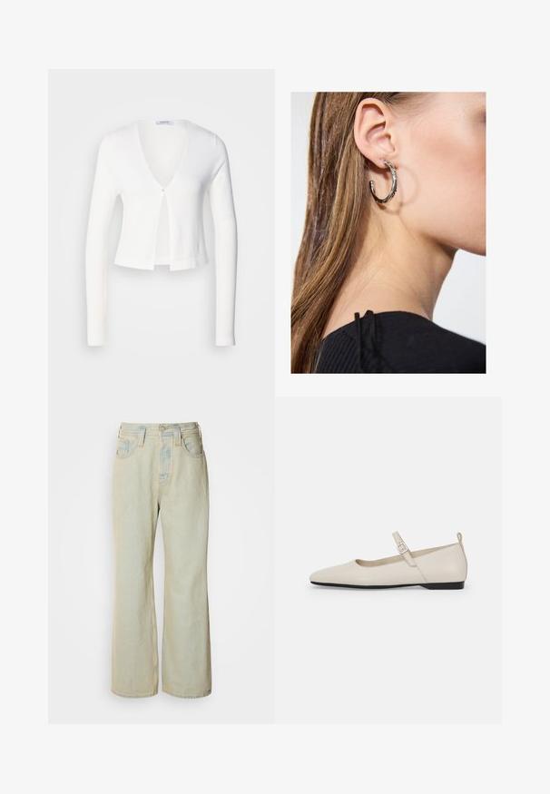 White cropped cardigan with long sleeves, v-neck, and a single button closure at the front. Soft texture and lightweight fabric.; White ribbed tank top with a round neckline and sleeveless design, featuring a straight hem and a small brand label on the side.; Light blue wide-leg jeans made of denim, featuring a high waist, five pockets, and subtle fading with contrasting stitching accents.; White leather Mary Jane flats with a pointed toe, side buckle, and low black heel. Smooth texture and minimalistic design.; Silver hoop earring with a polished finish, featuring small gold accent details and a round shape, worn on the lobe.