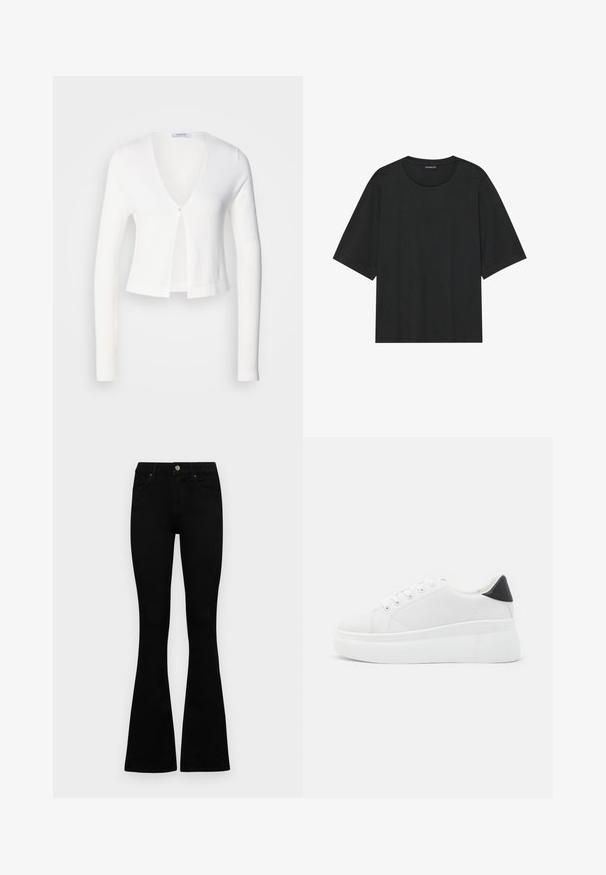 Bílý zkrácený cardigan s dlouhými rukávy, vé-čkovým výstřihem a jedním knoflíkem vpředu. Měkká textura a lehká látka.; Černé tričko s krátkým rukávem vyrobené z bavlny. Má kulatý výstřih, volný střih a čistý lem bez viditelných vzorů nebo doplňků.; Černé vysoké džíny s knoflíkem a zipovým zapínáním, předními kapsami a rozšířenými nohavicemi, ležící na bílé podložce.; Bílé platformové tenisky vyrobené z hladkého syntetického materiálu, s kulatou špičkou, šněrováním a texturovanou gumovou podrážkou. Černý akcent na patě.