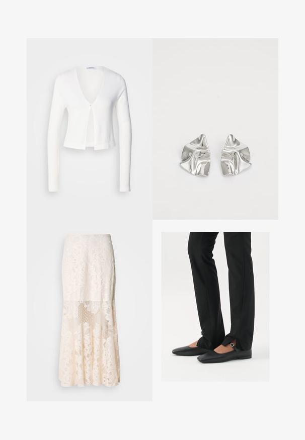 Biely skrátený kardigán s dlhými rukávmi, výstrihom do V a jedným gombíkom na uzavretie vpredu. MäkkáTextúra a ľahký materiál.; Čierny tielko vyrobené z mäkkej, elastickej tkaniny. Má okrúhly výstrih a široké ramenné popruhy, so priliehavým strihom a hladkou textúrou.; Kvetinová čipkovaná midi sukňa v krémovej farbe; obsahuje vrstvený dizajn s priesvitnými časťami, textúrovanou čipkou a rozšíreným lemom.; Čierne kožené baletky s špicatou špičkou, remienkom so striebornou prackou, skombinované s čiernymi strihovými nohavicami so rozparkom na leme.; Strieborné kovové náušnice s vlnitým, sochárskym dizajnom, s lešteným povrchom a nepravidelnými tvarmi, ktoré zvýrazňujú súčasnú estetiku.