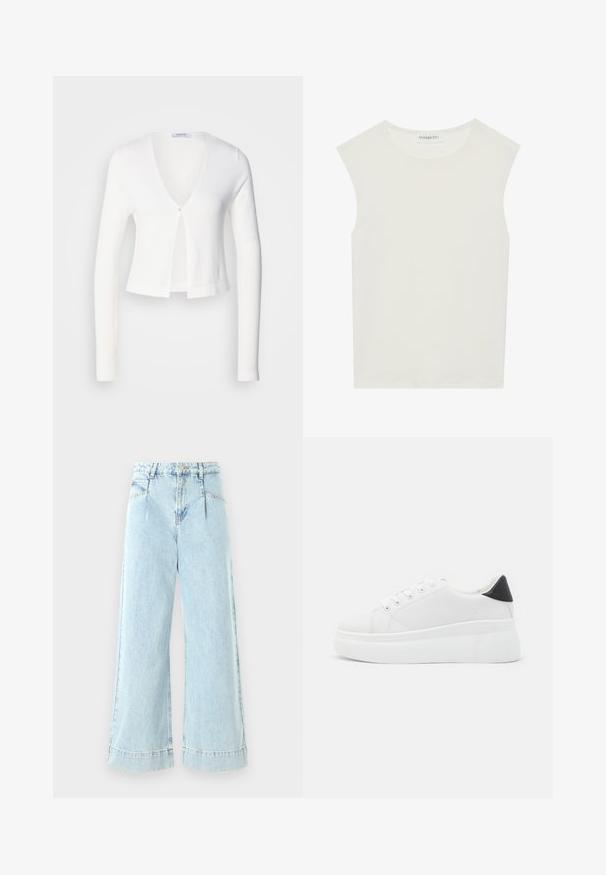 Valge lühikeste varrukatega kardigan, millel on V-avatud kaelus ja üks nupp ees. Pehme tekstuur ja kerge kangas.; Valge ilma varrukateta topp ümmarguse kaelusega. Valmistatud siledast kangast, sellel on mugav lõige ja minimalistlik disain. Ei ole mustreid ega aksessuaare.; Heledad sinine laiad teksad, mis on valmistatud denimist, kõrge talje, esi-taskud ja õmblustega kaunistused allservas.; Valged platvormsneakerid, mis on valmistatud siledast sünteetilisest materjalist, ovaalse toe, paelkinnise disaini ja tekstuurse kummitaldiga. Must kontsrihm.
