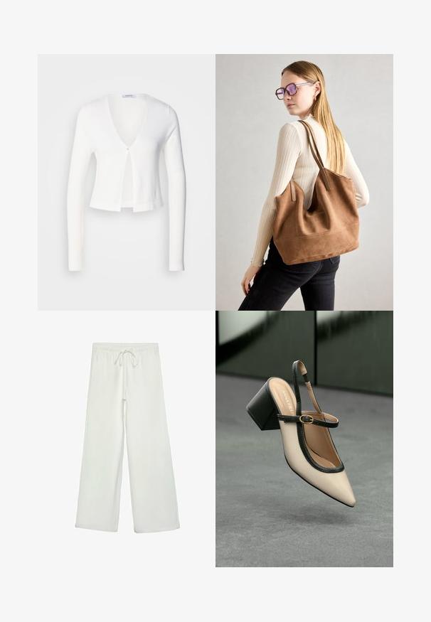 Weißer, kurzer Cardigan mit langen Ärmeln, V-Ausschnitt und einem einzelnen Knopfverschluss vorne. Weiche Textur und leichtes Material.; Weißes T-Shirt mit kurzen Ärmeln, lockerer Passform und gerafftem Stoff an der Taille. Aus weichem, leichtem Material gefertigt.; Weiße, weit geschnittene Hose aus weichem Stoff. Mit einem elastischen Bund und einem Kordelzug sowie einer glatten Oberfläche. Keine sichtbaren Muster oder Hardware.; Beige Slingback-Schuh mit spitzer Zehenpartie, schwarzer Umrandung, goldener Schnalle und dicker Blockabsatz auf grauem Boden vor dunklem grünen Hintergrund.; Braune Wildleder-Tasche mit weicher Textur, großer Öffnung und langen Trägern. Sie verfügt über ein simples Design mit sichtbarem Stich und ohne Beschläge.