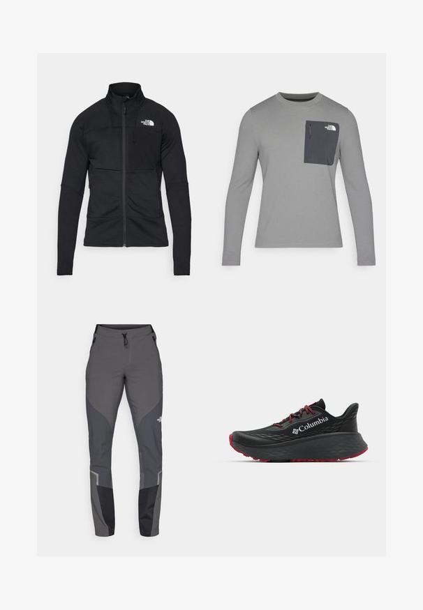 Svart zip-up jacka gjord av texturerat tyg, med hög krage, ficka och logotyp på vänster axel.; Långärmad grå skjorta i texturerad tyg, med en mörkgrå bröstficka och dragkedjestängning. Logotyp på fickan i vitt.; Grå vandringsbyxor med en tapered design, flera fickor och kontrasterande mörkgrå och svarta accenter. Tillverkade av ett flexibelt och slitstarkt material.; Svart sportskor med strukturerad ovandel, röda snören och logotyp. Tjock sula med mönstrad slitbana för bra grepp. Minimalistisk design, sidovy.