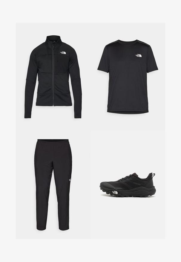 Black zip-up jacket made from textured fabric, featuring a high collar, pocket, and logo on the left shoulder.; Black short-sleeve T-shirt made from lightweight fabric. Features a small white logo on the left chest and subtle shoulder accents.; Black athletic pants with an elastic waistband, tapered shape, smooth texture, and a small white logo on the lower leg.; Black trail running shoe with a textured upper, rubber sole, and reinforced toe cap. Features a padded collar and pull tab for easy wear.