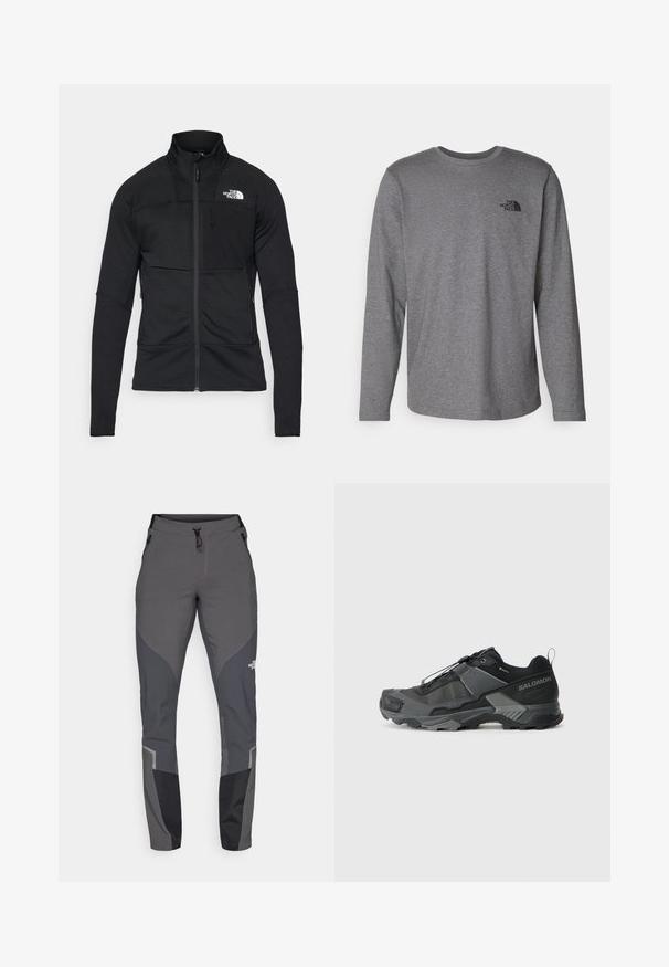 Chaqueta negra con cremallera, confeccionada en un tejido texturizado, que cuenta con un cuello alto, un bolsillo y un logo en el hombro izquierdo.; The North Face M L/S SIMPLE DOME TEE - Camiseta de manga larga - medium grey heather; Pantalones de senderismo grises con un diseño ajustado, múltiples bolsillos y acentos en gris oscuro y negro. Fabricados con un material flexible y duradero.; Zapatilla de trail running negra con parte superior de malla duradera, puntera reforzada, suela de goma texturizada y sistema de cordones elásticos para un ajuste seguro.
