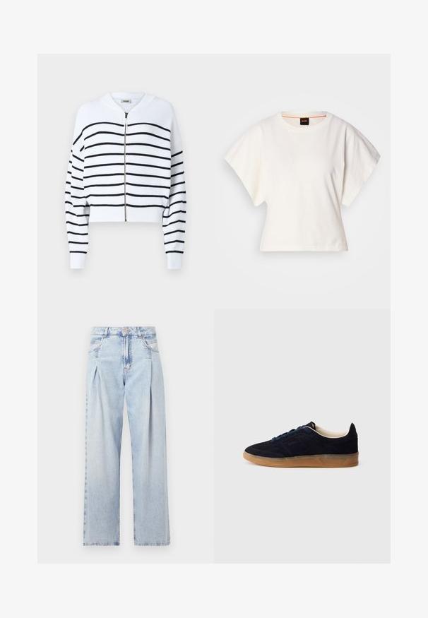 Vit kortärmad tröja med svarta horisontella ränder, ribbad struktur, dragkedja fram och rund halsringning. Har sänka axlar och åtsittande mudd.; Vit kortärmad T-shirt, korta vida ärmar, mjukt bomullsmaterial, rund halsringning med subtila orange detaljer, minimal design, inga mönster eller grafik.; Ljust blå denimjeans med hög midja, vida ben, två sidofickor och veckad design. Mjuk textur med en blekt finish.; Mörkblå mockasneaker med sula av gummiliknande material, blåa snören och minimalistisk design. Har präglad logga på sidan och slät innerfoder.