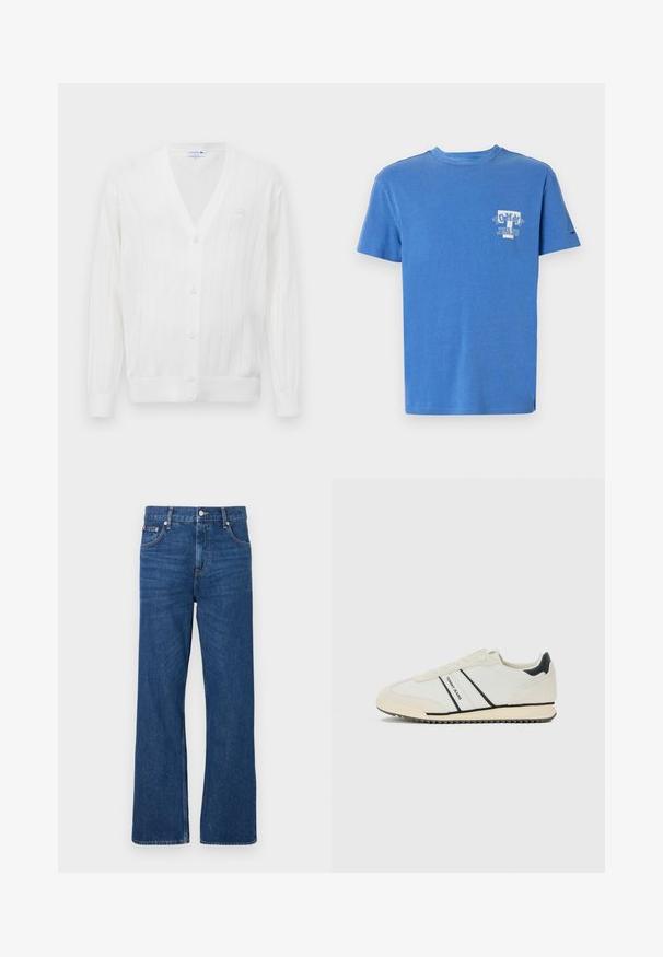 Bijela pletena kardigan s V-izrezom, rebrastom teksturom, pet dugmadi sprijeda, te malim izvezenim logotipom na lijevoj strani prsnog koša.; Plava pamučna majica s bijelim logotipom "TOMMY JEANS" na prednjem dijelu i malim crvenim i bijelim logotipom na rukavu. Klasični dizajn s okruglim izrezom.; Plave traperice širokog kroja, s klasičnom kopčom dugmetom i patent-zatvaračem, te pet džepova. Posebna izblijedjela tekstura kroz cijelu površinu.; Bijele ležerne tenisice s crnim detaljima i oznakom "TOMMY JEANS" sa strane, ravnim potplatom s rebrastim dnom i dizajnom s vezicama.