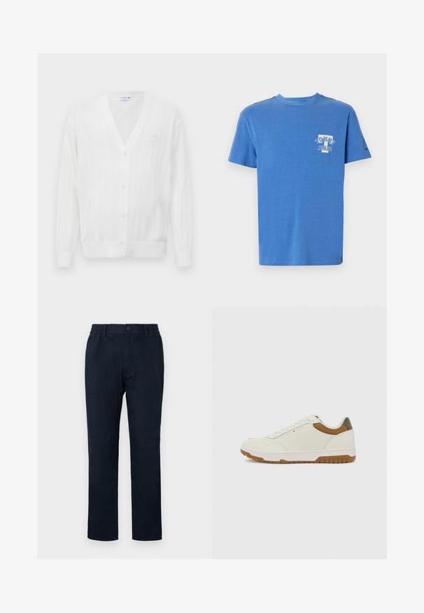 Baltas megztinis su V formos iškirpte, su gumbeliais, penki priekinių mygtukų, ir nedidelis siuvinėtas logotipas kairėje krūtinės pusėje.; Mėlyna medvilninė marškinėlių su balta "TOMMY JEANS" logo krūtinės srityje ir mažuoju raudonu bei baltu logotipu ant rankovės. Klasikinio apvalaus kaklo dizainas.; Jūriniai chinos kelnės su elastingu juosmeniu, priekyje užsegamos mygtuku ir tiesaus kirpimo. Lygus paviršius be matomų raštų.; Tommy Hilfiger BASKET CORE - Sportbačiai - ecru/army green