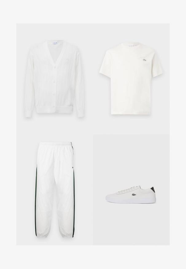 Vit stickad cardigan med v-ringning, ribbad textur, fem knappar framtill och en liten broderad logotyp på vänster bröst.; Vit bomullströja med korta ärmar, med en subtil broderad logotyp och minimalistisk design. Mjuk textur, rund hals.; Vita träningsbyxor med mörkgröna sidopaneler. Lätt material, elastisk midjeband och nedhasade fållar. Har nätstruktur på sidopanelerna.; Vit lädersneaker med rund tå, snörning framtill och svart häldetalj. Har en liten broderad krokodilmotiv på sidan.
