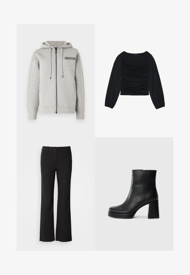 Copenhagen Muse Užtrauktuku užsegamas treningas - medium grey melange; Juodas ilgomis rankovėmis viršus, su surinkta medžiaga priekyje ir ant riešų, pagamintas iš minkštos, elastingos medžiagos, su laivagalio kaklu.; Juodi medvilnės mišinio kelnės su tiesiu kirpimu, priekyje su mygtukų užsegimu ir dviem šoninėmis kišenėmis. Lygi tekstūra, be matomų raštų.; Juodas odinis kulkšninis botas su bloku ir platformos padu, matomas šoniniu vaizdu ant balto fono.