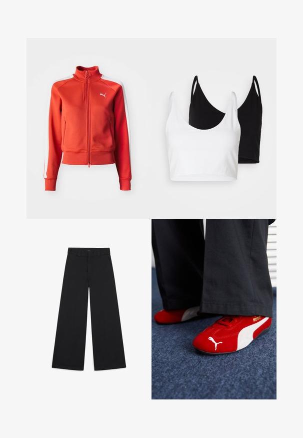 Röd zip-up jacka tillverkad av texturerad tyg. Har hög hals, vita sidestreck och en liten vit logotyp på bröstet.; Två bomullstopp i vitt och svart. Varje topp har en djup krage och tunna axelband, med en slät och mjuk textur.; Vida svarta byxor med vida ben, tillverkade av ett mjukt, vävt material. Har pressade veck, bälteöglor och en ren, skräddarsydd finish.; Röda mockasko sneakers med vita accenter, med texturerat material, rund tå och en gul logotyp på sidan, bärs med svarta byxor.