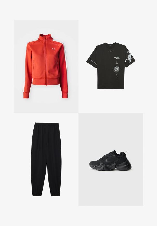 Rød zip-up jakke laget av teksturert stoff. Har høy hals, hvite sidelister og en liten hvit logo på brystet.; Svart bomull T-skjorte med hvite grafiske trykk, inkludert en skorpion og abstrakte design. Korte ermer; rund hals.; Svarte, lette bukser med elastisk liv og rynkede ankler. Stoffet er glatt og har en avslappet, innsvingt design.; Svart sneakers med en blanding av glatte og teksturerte materialer, tykke såler, rund form og dekorativ søm. Har en myk, plysj krage.