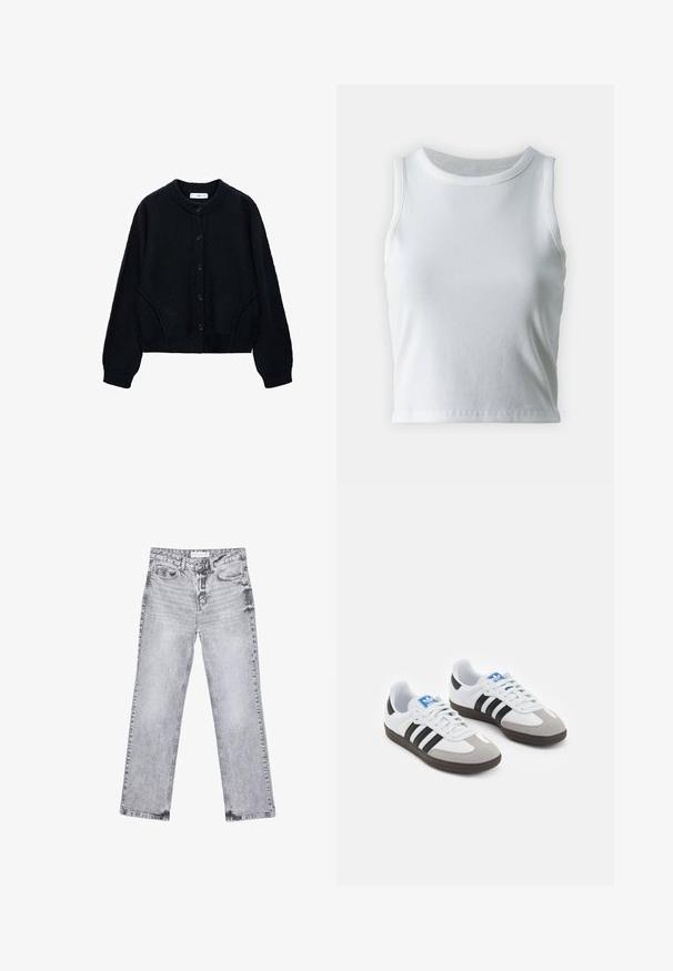 Černý pletený cardigan s kulatým výstřihem, zapínáním na knoflíky a dlouhými rukávy. Má boční kapsy a vroubkované manžety a lem.; Bílý žebrovaný tílko s kulatým výstřihem a bezramínkovým designem, s rovnými lemy a hladkou, elastickou strukturou.; Šedé džíny z denimu se střihy rovnými nohavicemi, s poškozenou úpravou, pěti kapsami a měděnými nýtky. Pasová část obsahuje logo štítek.; Sportovní boty s bílým koženým svrškem, šedou semišovou špičkou a třemi černými pruhy. Obsahují modré logo na jazyku a texturovanou gumovou podrážku.