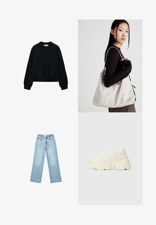 Mustat neulotut neuletakit, joissa on pyöreä pääntie, nappilukko ja pitkät hihat. Varustettu sivutaskuilla sekä resorilla reunat ja hihansuut.; Musta ja valkoinen T-paita, pyöreä kaula-aukko, lyhyet hihat. Mustassa paidassa on keltainen auringon brodeeraus; valkoisessa on violetti puolikuu-aksentti.; Vaaleansiniset leveälahkeiset farkut korkealla vyötäröllä, joissa on haalistunut pesu ja pieniä, satunnaisia kulumisia ympäriinsä.; Paksut valkoiset lenkkarit, jotka on valmistettu teksturoidusta verkosta ja synteettisistä materiaaleista. Kenkäparissa on paksu pohja ja monimutkaisat kuviohuokoset sivuilla.; Beige laukku, joka on valmistettu pehmeästä materiaalista, ja siinä on rento muotoilu, ommeltu yksityiskohtia ja kaksi olkahihnaa. Sopii päivittäiseen käyttöön.