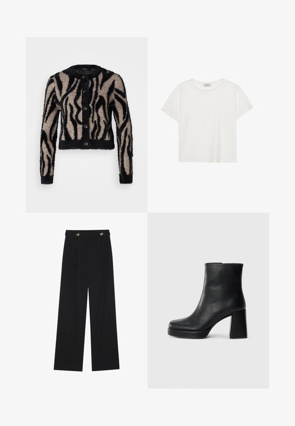 Vero Moda Petite VMVALENTINA O NECK CARDIGAN - Cardigan - black/silver mink; Hvit T-skjorte med kort erm laget av myk bomull. Har rund hals og avslappet passform. Rent design uten synlige mønstre eller aksenter.; Svart vide bukser med høy midje, knappdetaljer på midjebåndet og frontplisser.; Sorte skinnankelsko med blokkhæl og plattformsåle, sett fra siden på en enkel hvit bakgrunn.