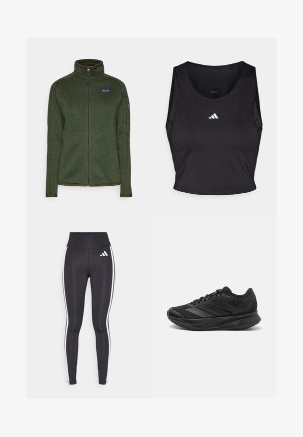 Patagonia BETTER SWEATER - Športna jopa s kapuco na zadrgo - torrey pine green; Črn športni crop top, izdelan iz tkanine, ki odvaja vlago, z okroglim ovratnikom, brez rokavov in belim logotipom na prsih.; Črne legice z visokim pasom, ki imajo bele stranske črte in majhen bel logotip na zgornjem levem stegnu. Narejene iz gladkega, elastičnega materiala.; Črne športne copate z zračnim mrežastim zgornjim delom, zaobljenim nosom, elegantnim dizajnom, teksturiranimi detajli in oblazinjenim podplatom za udobje.