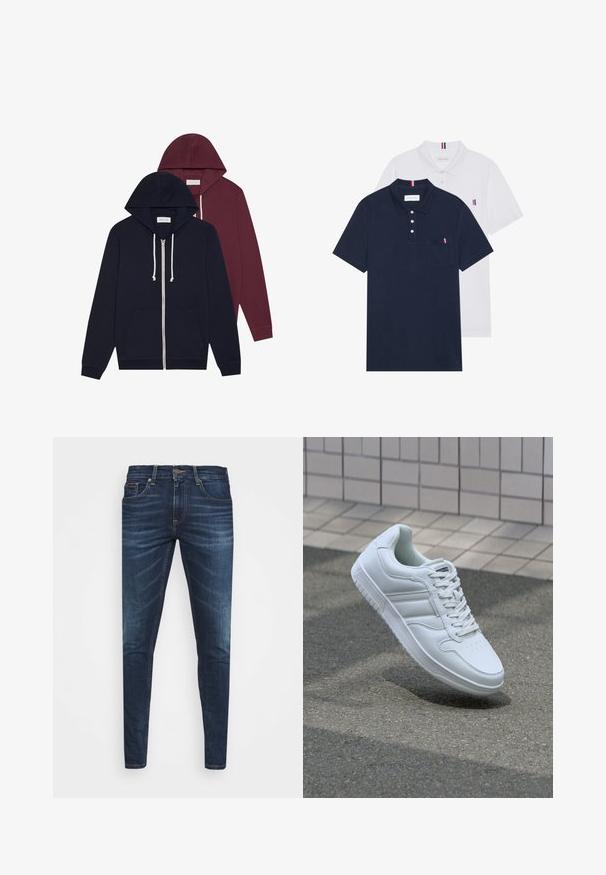 Két kapucnis pulcsi: az egyik sötét tengerészkék, a másik bordó. Mindkettő elöl zipperes, húzózsinóros, elülső zsebekkel és bordázott mandzsettákkal rendelkezik. Pamut keverék anyag.; Két pólóing: az egyik sötétkék, a másik fehér, mindkettőn kicsi piros, fehér és kék díszítés található a mellzsebből és a galléron.; Sötétkék farmernadrág, testhezálló fazonnal, finom áttűnéssel, öt zsebbel és fémből készült gombzárral. Kontrasztos színű varrási díszítések.; Fehér sportcipő sima bőr felsőrésszel, fűzős elülettel, perforált orral és mintázott talppal. Minimalista dizájn három oldalsávval.