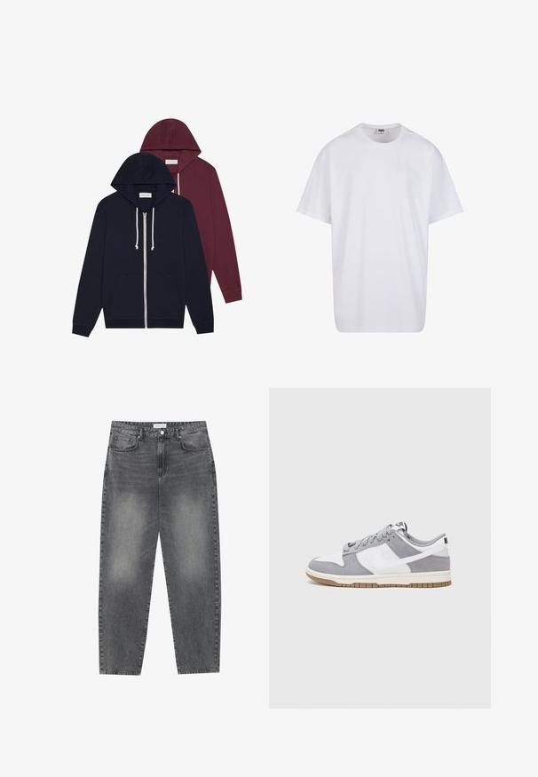 Due felpe: una blu scuro, l'altra borgogna. Entrambe presentano una zip frontale, coulisse, tasche frontali e polsini a costine. Materiale misto cotone.; Maglietta bianca in cotone con maniche corte, scollatura rotonda, vestibilità comoda e senza loghi o motivi visibili. Texture liscia e design minimale.; Jeans a vita alta, dal taglio ampio in denim nero sbiadito. Presentano cinque tasche, passanti per cintura e un design dritto e pulito.; Sneaker grigia e bianca con tomaia in suede e pelle, punta arrotondata, lacci piatti e soletta in gomma con un accento color caramello.