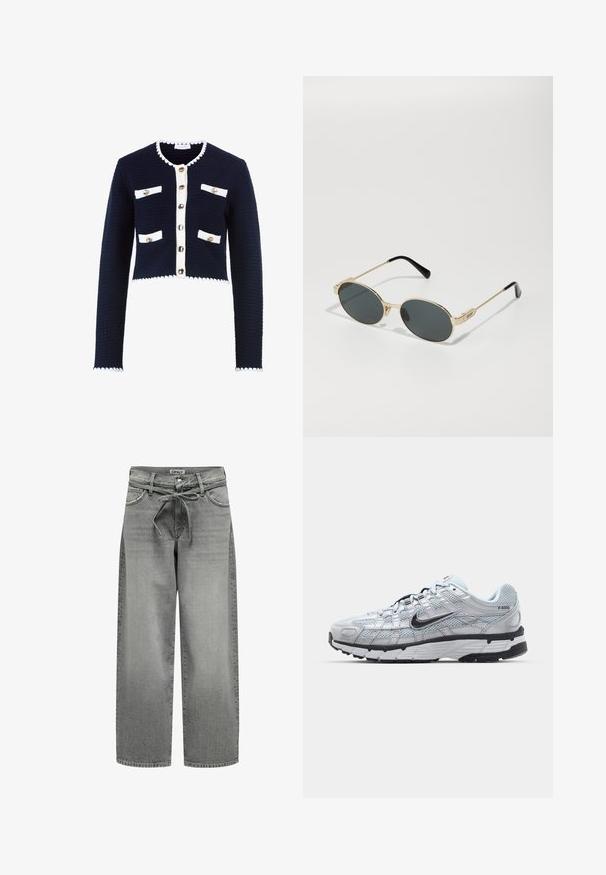 Tamsiai mėlynas megztas kardiganas su baltomis detalėmis, apvaliu apykakliu, penkiais auksiniais mygtukais ir keturiomis priekinėmis kišenėmis. Trumpas siluetas su banguotu hemu.; Juodas ilgomis rankovėmis viršus su kvadratiniu iškirpimu, prigludusia siluetu ir šoninėmis išpjovomis apačioje. Pagamintas iš glotnaus, elastingo audinio.; Plačios kojų pilkos džinsinės kelnės su raištelių juosmeniu ir priekinėmis kišenėmis. Audinys turi šiek tiek tekstūros ir išblukusį finišą.; Nike P-6000 sportbačiai su šviesiai pilku tinkleliu, juodais akcentais ir patvariu juodu guminėm padais. Yra sudėtingas dizainas ir raištelių sistema.; Aukso metalo akinių nuo saulės rėmas su ovaliais lęšiais ir tamsiai tonuotais lęšiais. Juodi acetato galiukai ant šakelių. Prekės pavadinimas "QUAY" ant šono.; Juodas guminis odinis rankinės su auksine grandinėlės dirželiu ir logotipo detale. Stačiakampio formos, lygios tekstūros, su užsegimu flapu.