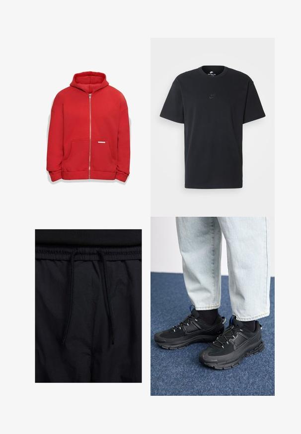 Dropsize BAZIX REPUBLIQ SUPER - Sweatjacke - red; Schwarzes Baumwoll-T-Shirt von Nike mit klassischem Rundhalsausschnitt, kurzen Ärmeln und einem dezenten, geprägten Logo auf der Brust. Glatte Textur.; Schwarze Shorts mit einem Kordelzugbund, leichtem Stoff mit glatter Textur und einem schlichten Design ohne sichtbare Logos oder Muster.; Schwarze Sportschuhe aus strukturiertem Stoff mit Gummisohlen, ausgestattet mit elastischen Schnürsenkeln und einem blauen Akzent an der Ferse. Getragen mit hellen Jeans.