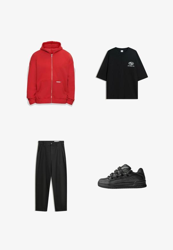 Dropsize BAZIX REPUBLIQ SUPER  - Zip-up sweatshirt - red; Black oversized cotton t-shirt featuring a round neckline and short sleeves, with a white "Shibuya" logo printed on the front.; Black cotton trousers with a relaxed fit, featuring a classic waistband, front pleats, and side pockets. Smooth texture without patterns.; Black sneakers with a smooth leather upper, textured accents, and round black and white laces. Thick rubber sole with a patterned tread.