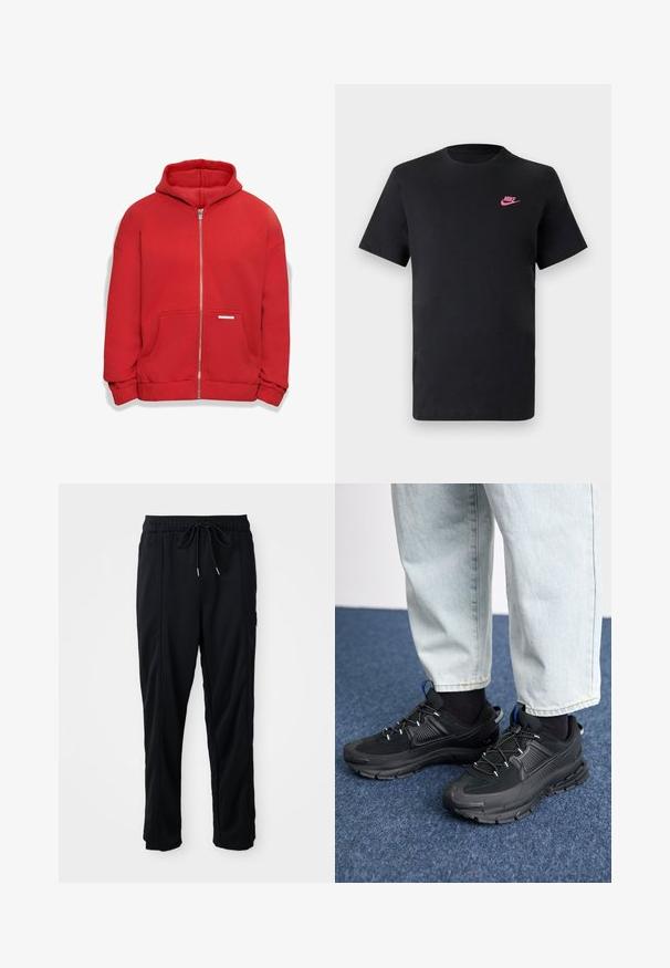 Dropsize BAZIX REPUBLIQ SUPER - Sweatjacke - red; Schwarzes Baumwoll-T-Shirt mit rundem Ausschnitt und kurzen Ärmeln. Mit einem pinken Nike-Logo auf der oberen linken Seite. Glatte Textur.; Schwarze lässige Hosen mit Kordelzug und seitlichen Eingrifftaschen sowie geradem Bein auf einem einfarbigen Hintergrund.; Schwarze Sportschuhe aus strukturiertem Stoff mit Gummisohlen, ausgestattet mit elastischen Schnürsenkeln und einem blauen Akzent an der Ferse. Getragen mit hellen Jeans.