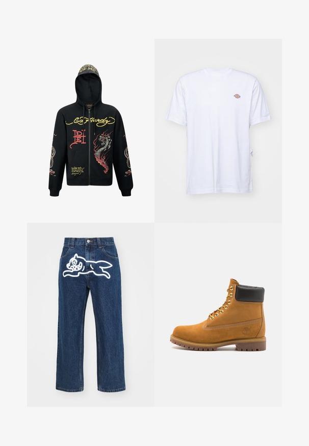 Zwarte rits hoodie met capuchon, voorzien van kleurrijke draak- en slangafbeeldingen, gestructureerde stof, ribgebreide boorden en logo-accenten.; Witte katoenen t-shirt met een v-hals en korte mouwen. Kenmerkt zich door een klein kleurrijk geborduurd logo op de linkerkant van de borst. Zachte textuur.; Donkerblauwe wijde jeans met een grote witte cartoonhond graphic op de achterzak. Denimtextuur, traditionele vijf-pocket ontwerp.; Tan suède enkelboot met zwart gevoerd kraagje, gouden metalen oogjes, witte stikdetails en een robuuste rubberen zool met uitgesproken profiel.