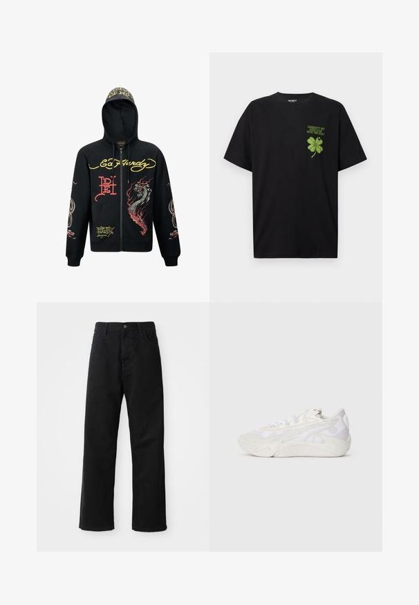 Felpa nera con zip e cappuccio, caratterizzata da grafiche colorate di draghi e serpenti, tessuto testurizzato, polsini a costine e dettagli con logo.; T-shirt di cotone nero con grafica di un quadrifoglio verde e la scritta "BUONA FORTUNA CON IL RESTO" sulla parte sinistra del petto.; Pantaloni in denim nero con taglio dritto, caratterizzati da tasche frontali, chiusura con zip e un singolo bottone superiore. Tessuto testurizzato con finitura opaca.; Vista laterale di una sneaker bianca e grigia chiara con un design astratto ondulato e una suola spessa su uno sfondo bianco semplice.