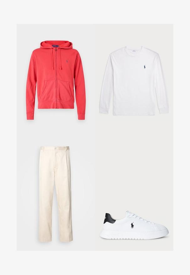 Κόκκινο φούτερ με φερμουάρ και μαλακό ύφασμα, διαθέτοντας κουκούλα με κορδόνι, μπροστινές τσέπες και ένα μικρό λογότυπο στο στήθος. Λείος υφή και χαλαρός σχεδιασμός.; Λευκό μπλουζάκι μακρυμάνικο από βαμβάκι. Διαθέτει στρογγυλή λαιμόκοψη, ριμπ μανσέτες και μικρό λογότυπο στη ναυτική μπλε απόχρωση στην αριστερή πλευρά του στήθους.; Μπεζ βαμβακερό παντελόνι με ίσια γραμμή, διαθέτει κουμπί κλεισίματος και πτυχές στο μπροστινό μέρος για επιπλέον λεπτομέρεια.; Λευκό χαμηλό αθλητικό παπούτσι με μαύρη ταμπέλα στην πτέρνα και μαύρο λογότυπο Polo Ralph Lauren στο πλάι, με λευκές κορδόνες και χοντρή καουτσούκ σόλα.
